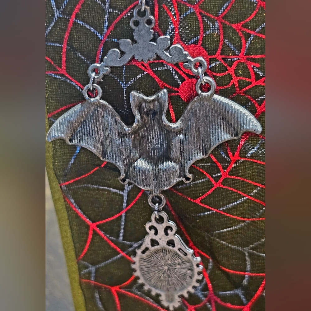 Gothic Vampire Bat Earrings + Ruby Red Filigree Statement Ring Set Victorian - Picture 3 of 6